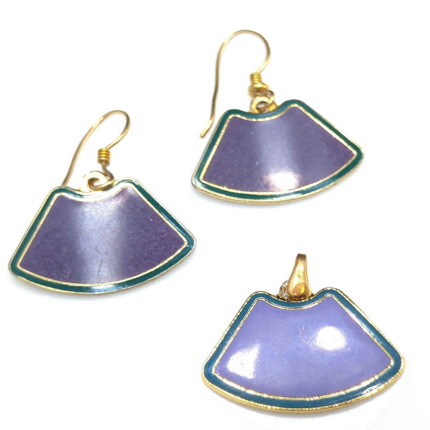 Laurel Burch Purple & Teal Earrings Pendant, Cloisonné Enamel, Gold Plated, 1980s Vintage Jewelry