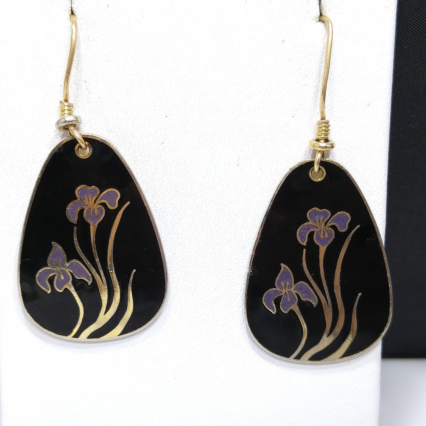 Vintage Laurel Burch Black Enamel Purple Lily Earrings, Gold Plated