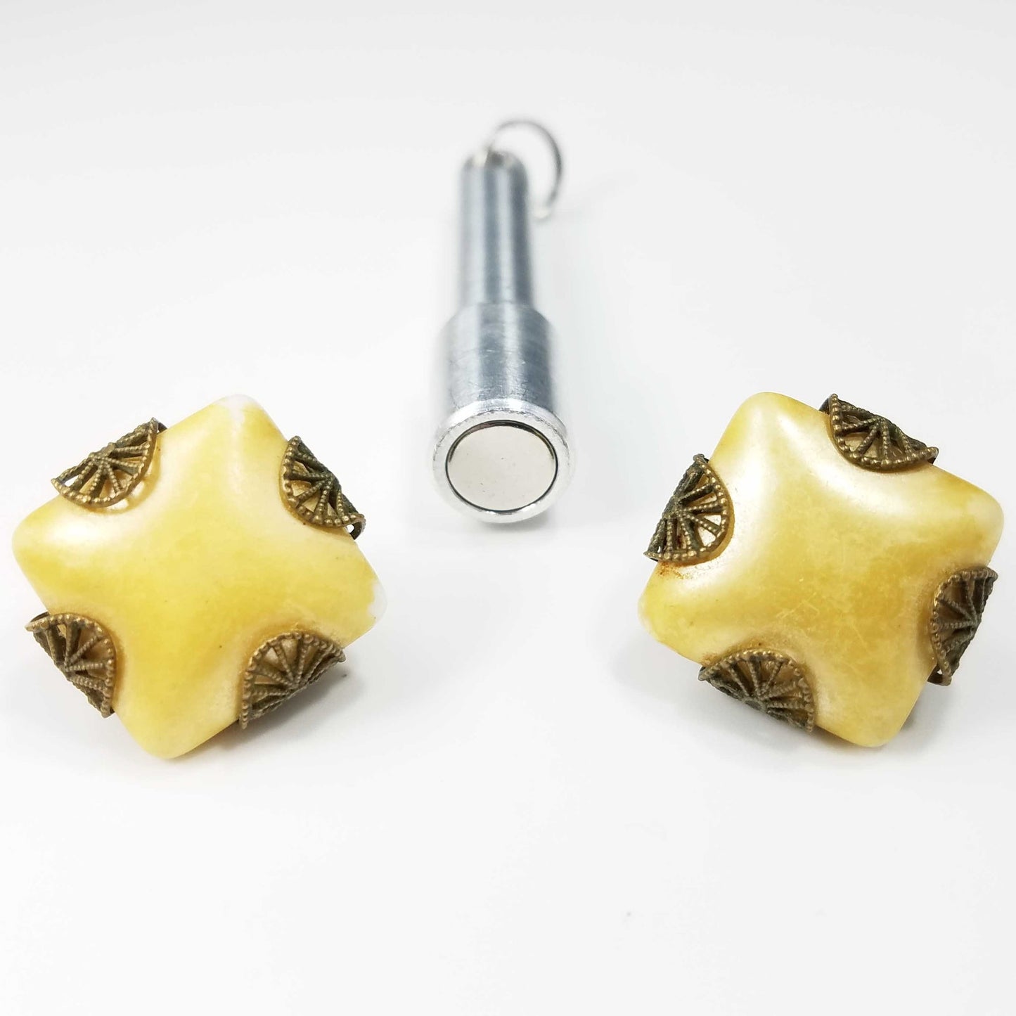 Miriam Haskell Clip Earrings, Gold Tone Pearl Cabochon, Filigree Brass, 1940s Vintage Jewelry