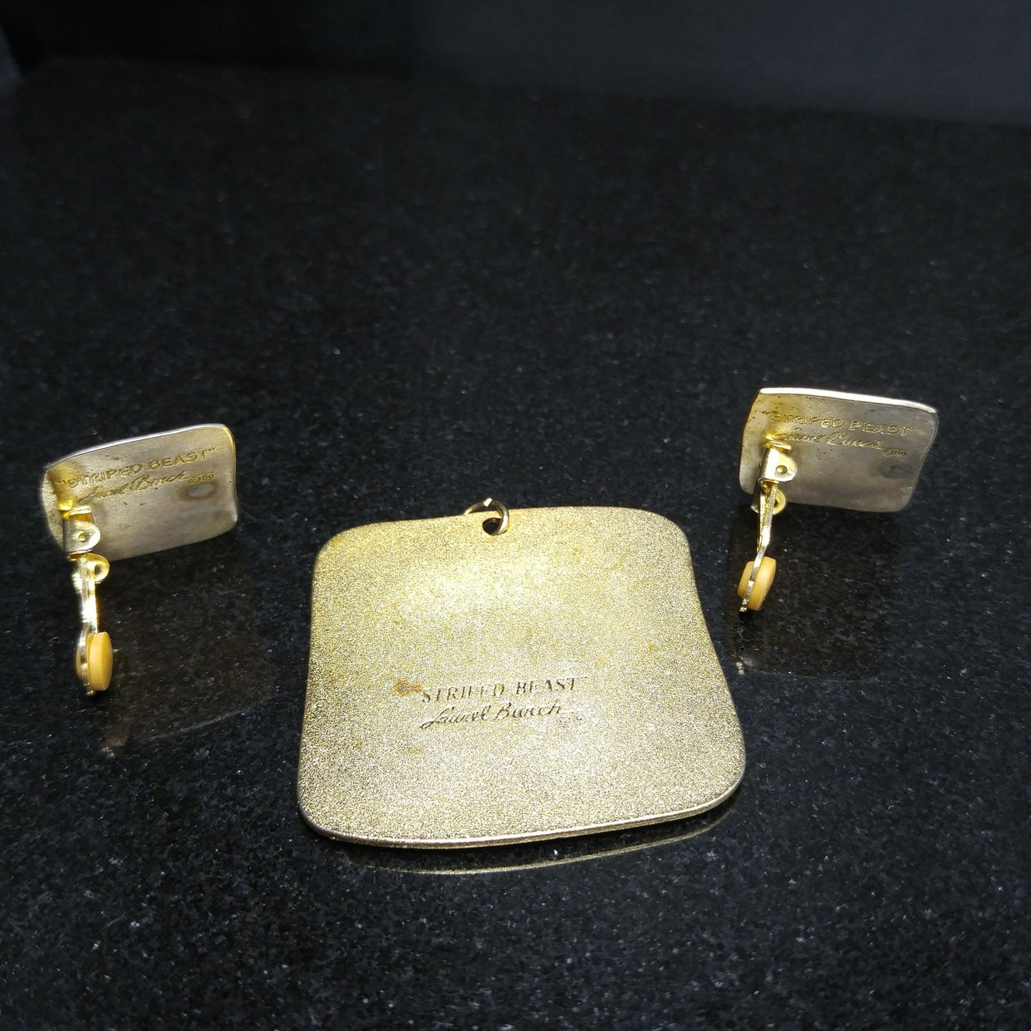 Laurel Burch "Striped Beast" Pendant & Earrings, Brass Purple Enamel, 1980s