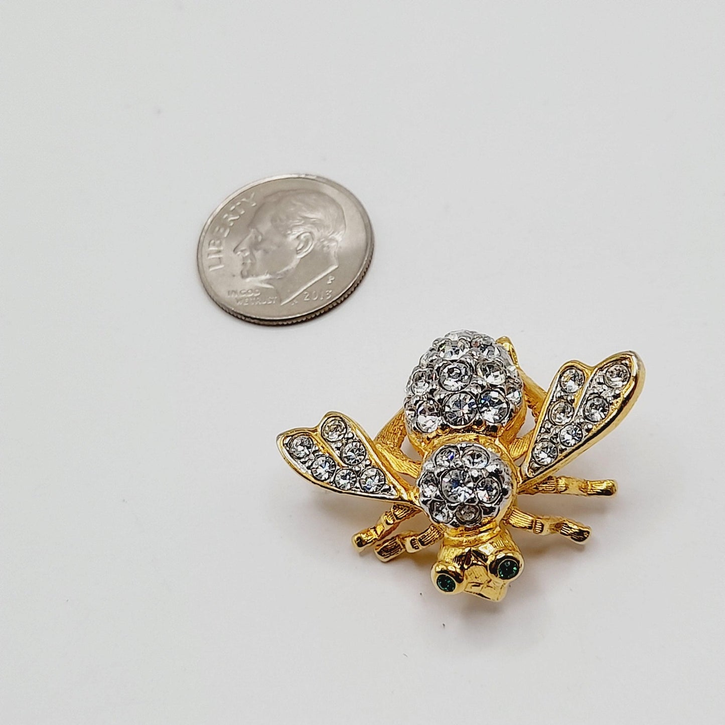 Vintage 1990s Joan Rivers Bee Brooch – Clear Pave Rhinestones, Green Eyes – 1 1/4 Inch Collectible Pin