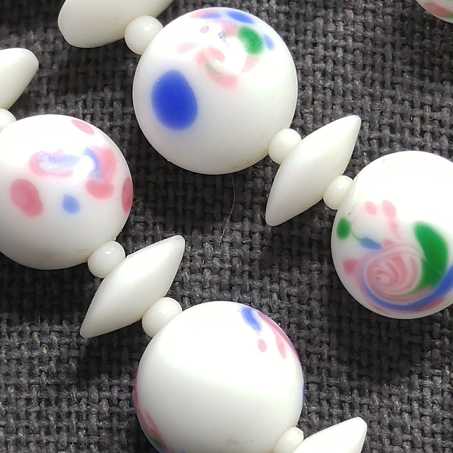 Czech Hand Painted Floral Ceramic Beaded Necklace, 48 Inches, 1930s Vintage Jewelry