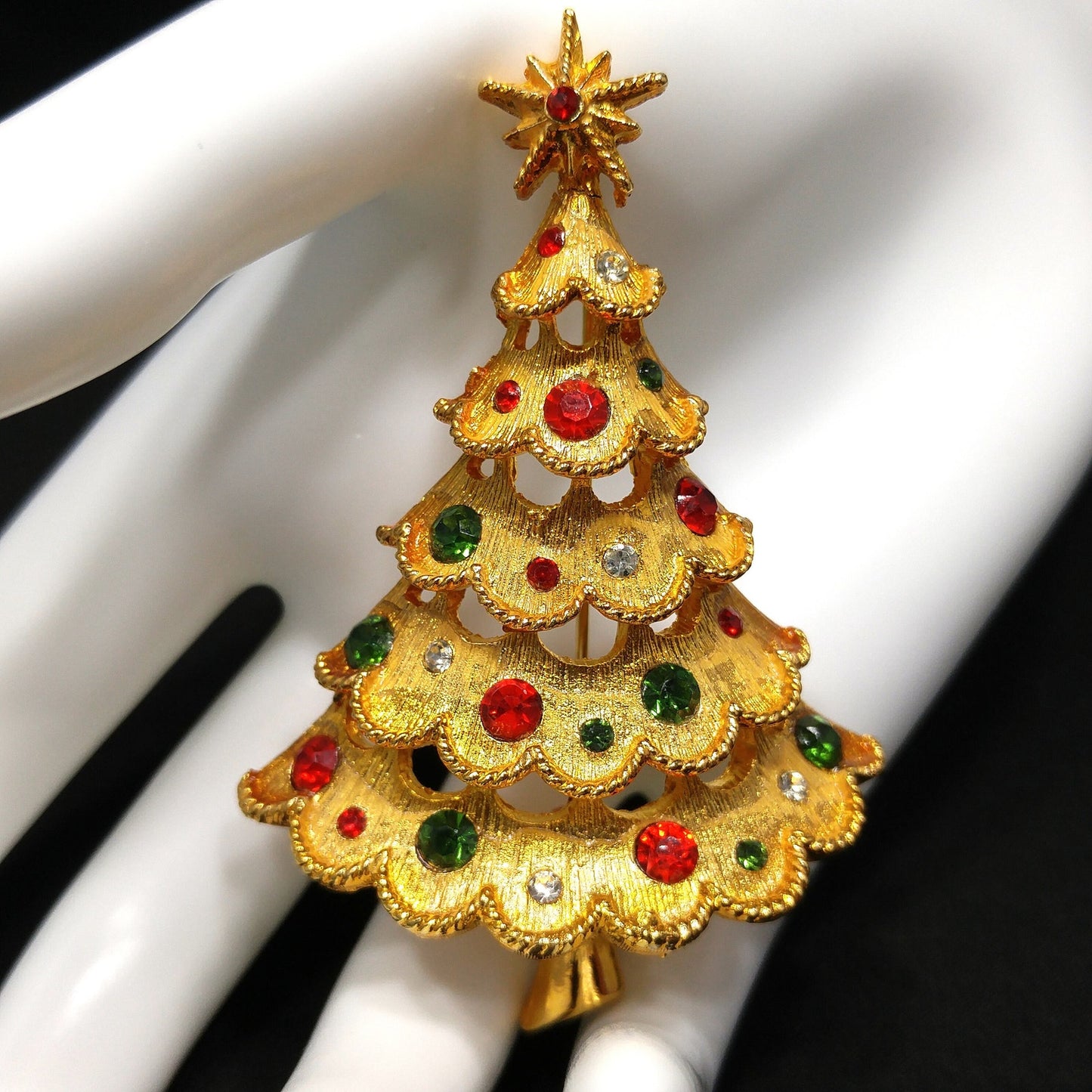 Mylu Christmas Tree Brooch, Red Green Rhinestones, Gold Tone, 1960s Vintage