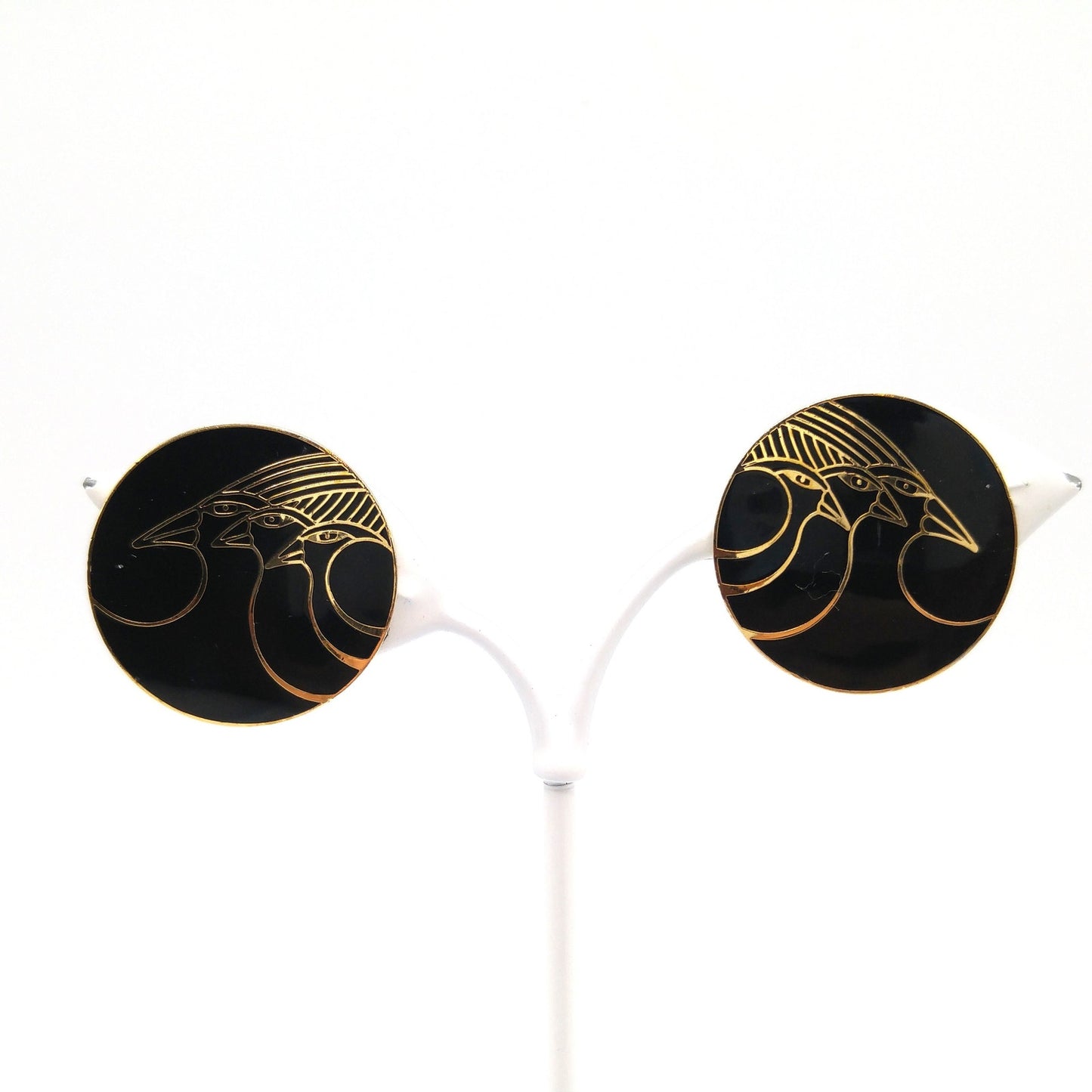 Vintage Laurel Burch "Celestial Birds" Clip Earrings, Black Enamel, Gold Plated