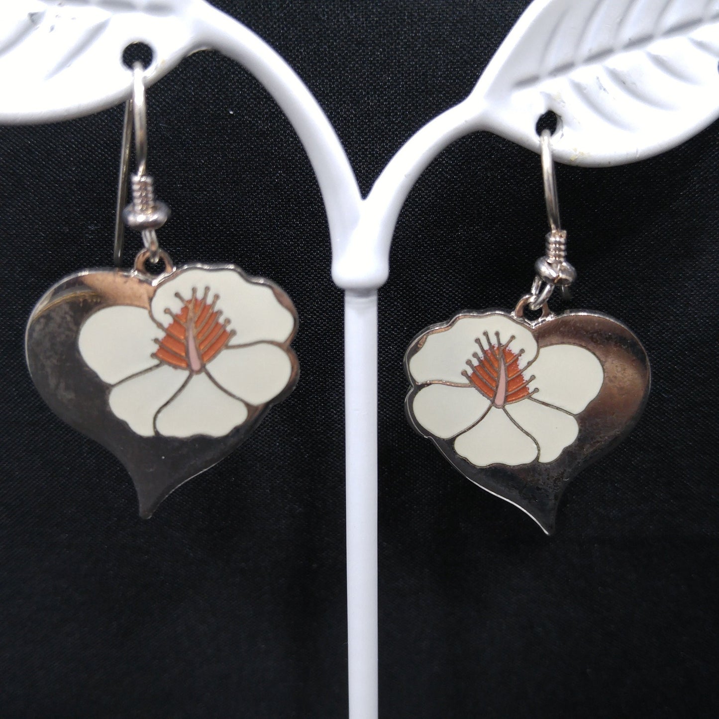 Vintage Laurel Burch "Hibiscus Heart" Earrings, Enamel Rhodium Plated