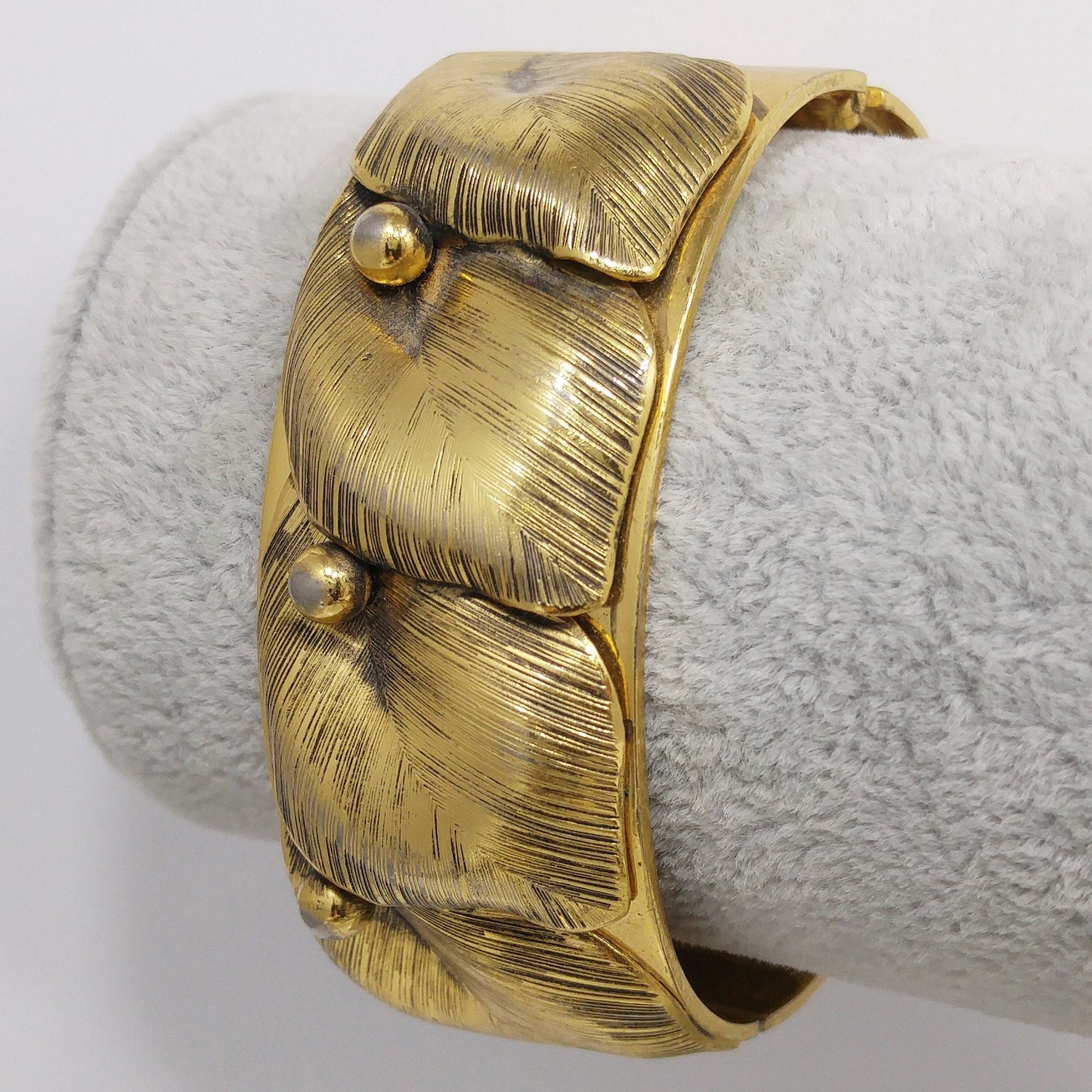 Whiting & Davis Gold Plated Leaf Bracelet, Hinged Wide Clamper, 1950s Vintage