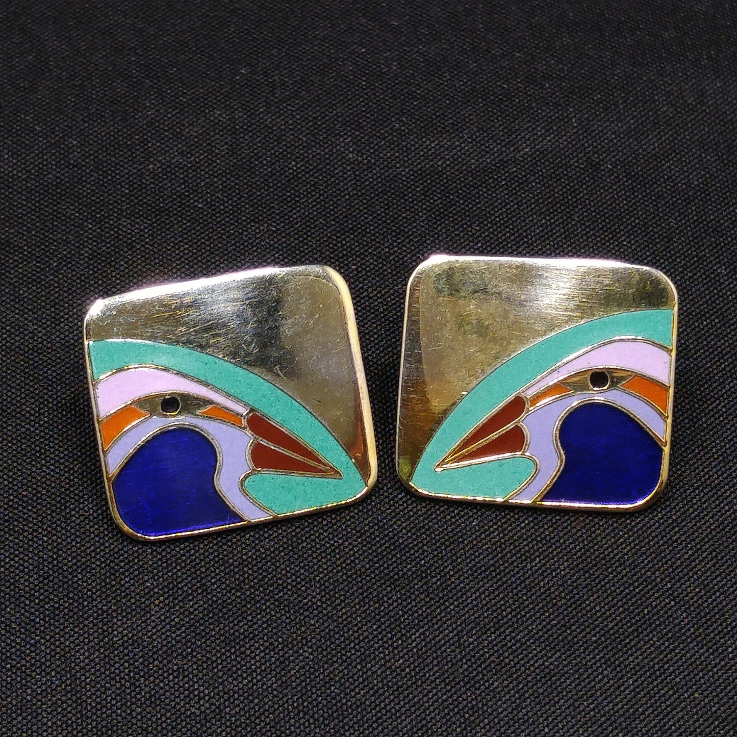 Laurel Burch Bird Post Earrings, Cloisonné Gold Plated, Enamel, 1980s Vintage