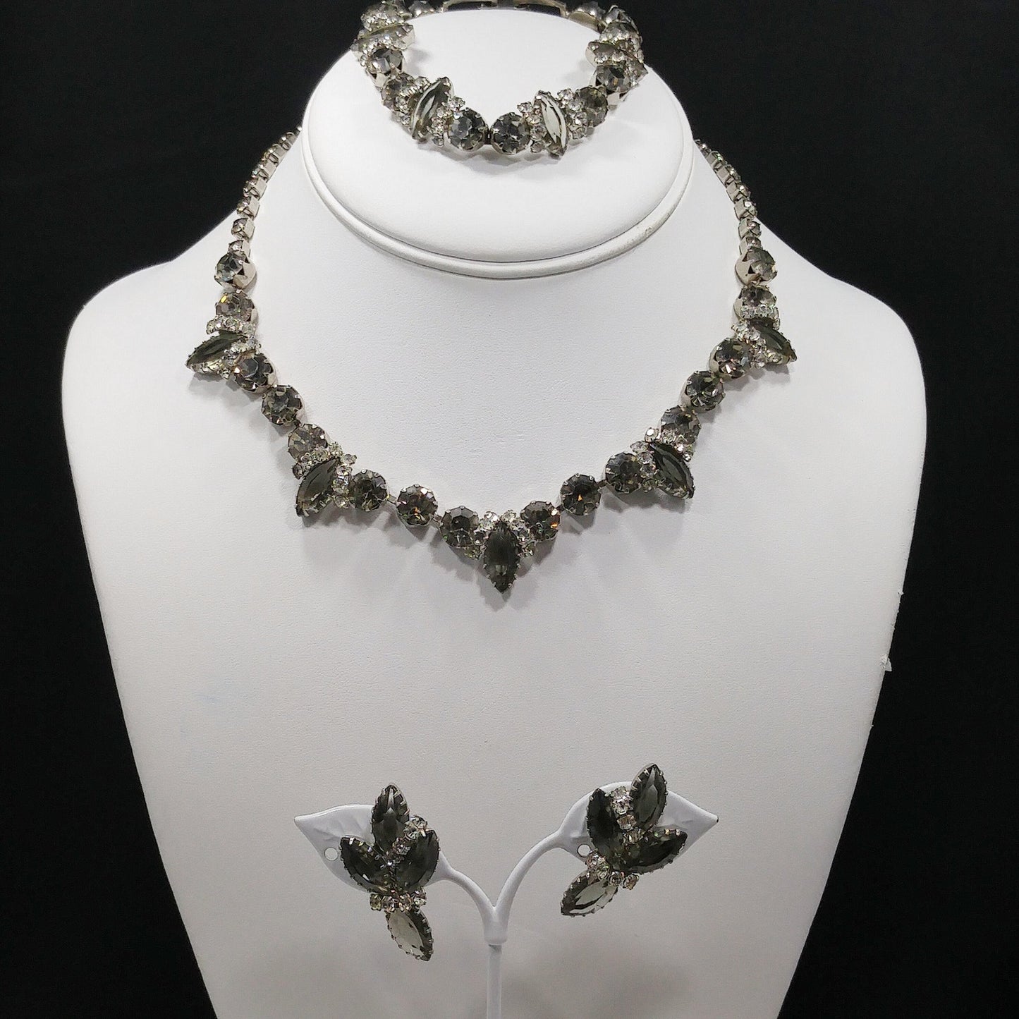 Black Diamond & Clear Rhinestone Jewelry Set, Necklace Bracelet Clip Earrings, 1950s Vintage Jewelry