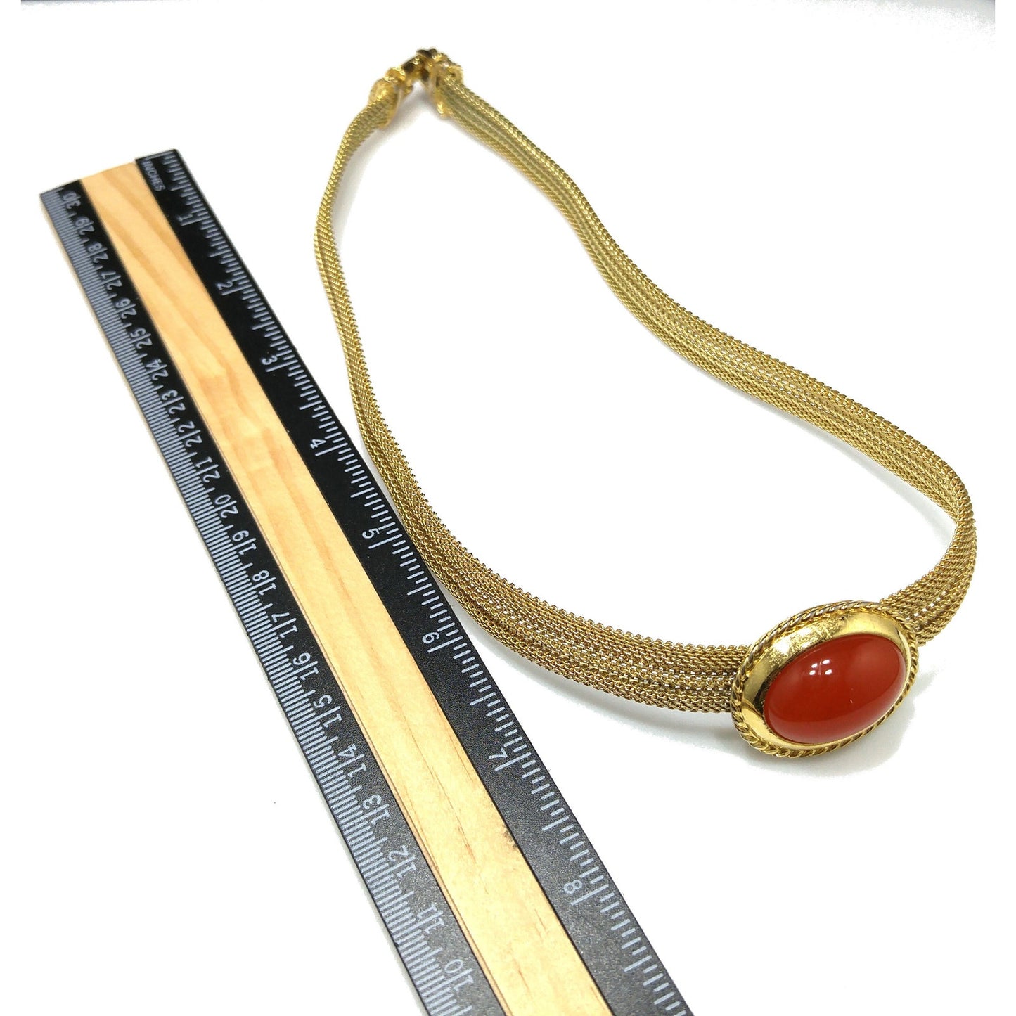 Trifari Orange Lucite Cabochon Necklace, Gold Plated Mesh, 1970s Vintage Jewelry