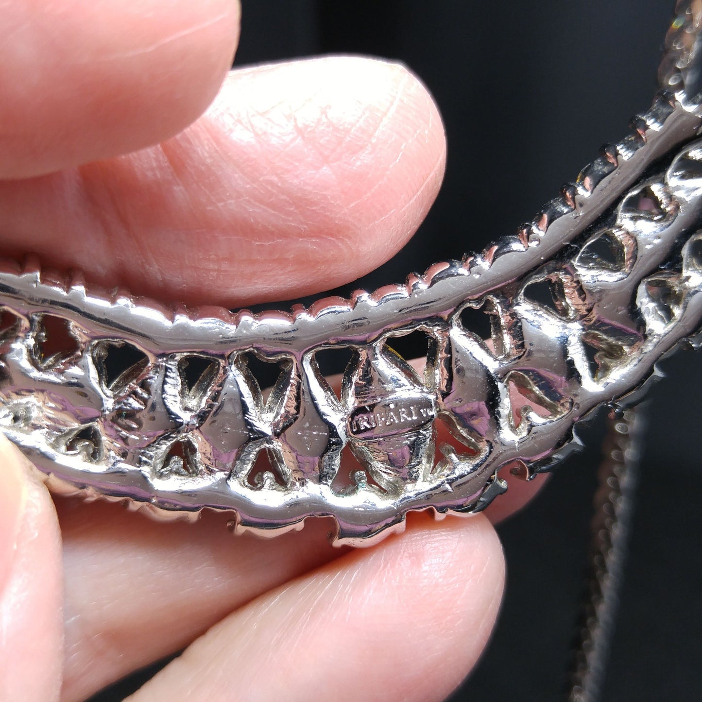 Trifari TM Clear Rhinestone Frontal Necklace, Silver Tone, 1980s Vintage Jewelry