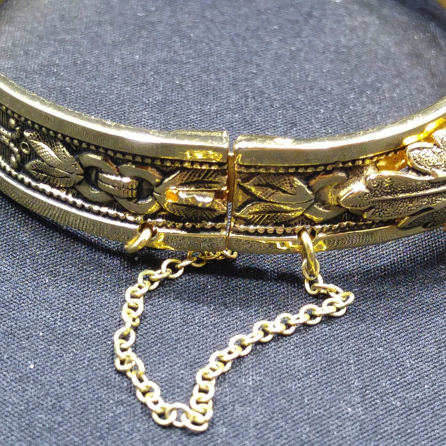 Whiting & Davis Gold Plated Hinged Bracelet, Safety Chain, Snap Lock Clasp, 1960s Vintage Jewelry