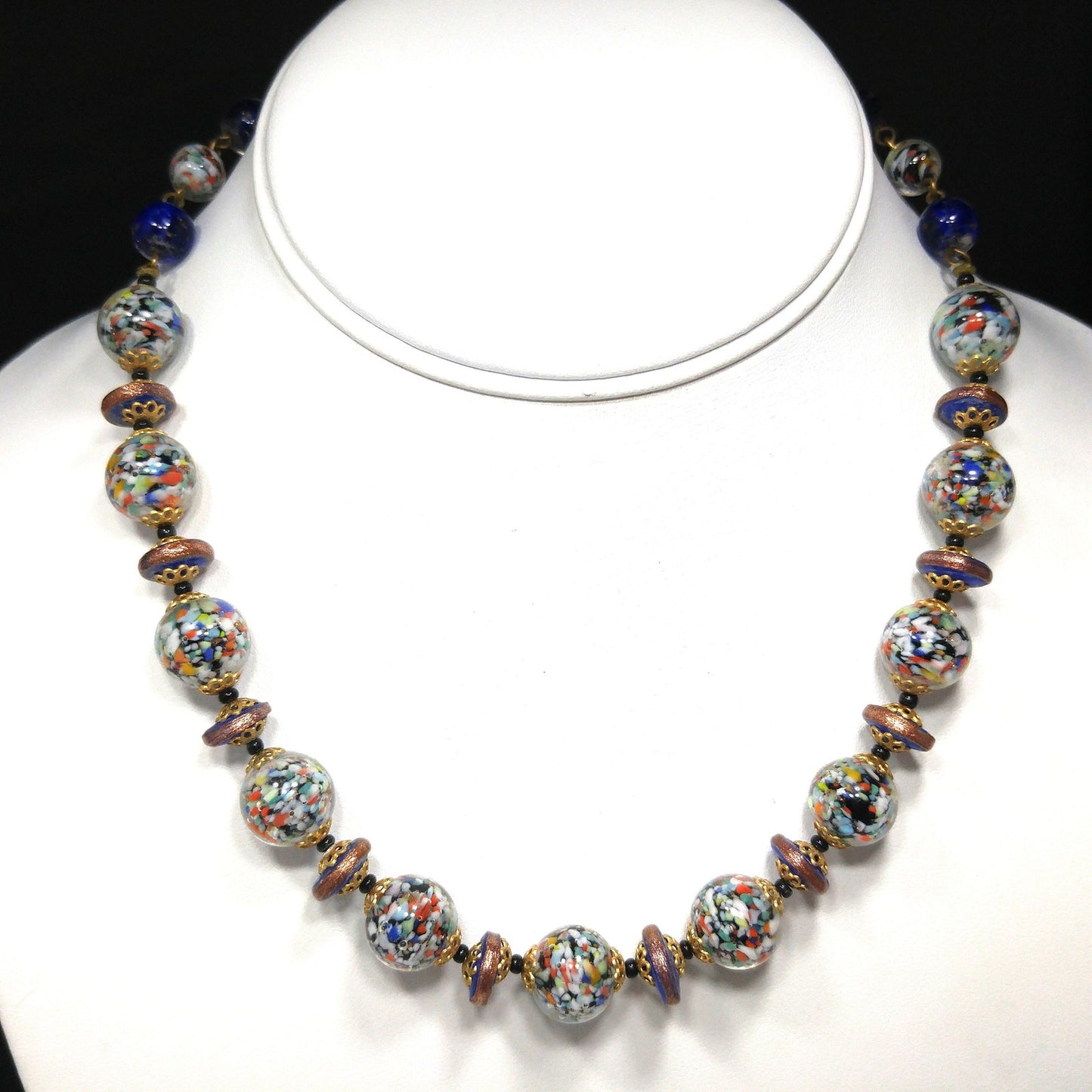 Murano Speckled Glass Beaded Necklace, Cobalt Blue Aventurine Glitter Glass, 1950s Vintage Jewelry