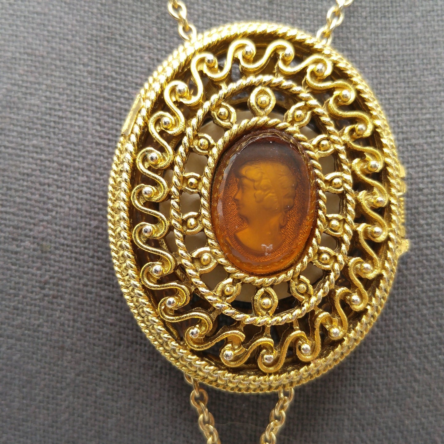 Glass Cameo Perfume Locket Necklace, 30" Chain, 1960s Vintage Jewelry