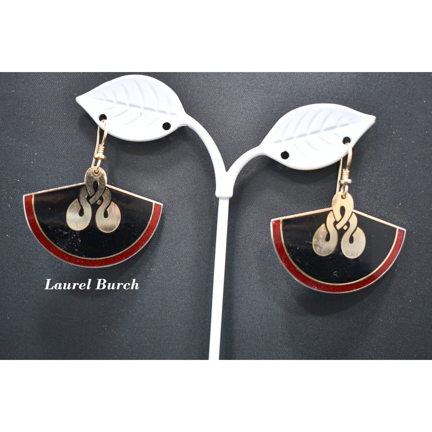 Laurel Burch Large Fan Love Knot Earrings, Cloisonne Gold Plated, Enamel Red Black, 1980s Vintage Jewelry