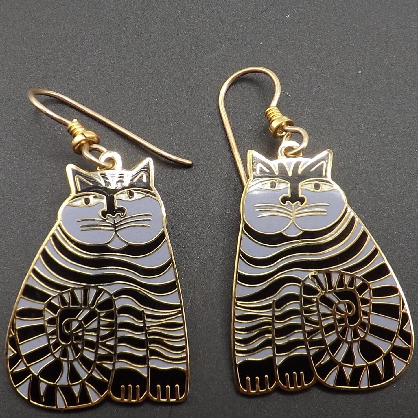 Laurel Burch Shambala Cat Earrings, Black Lavender Enamel, Gold Plated, 1980s Vintage Jewelry