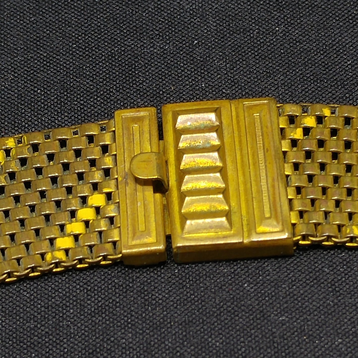Art Deco Brass Mesh Necklace, Yellow Enamel, 1930s Vintage Jewelry