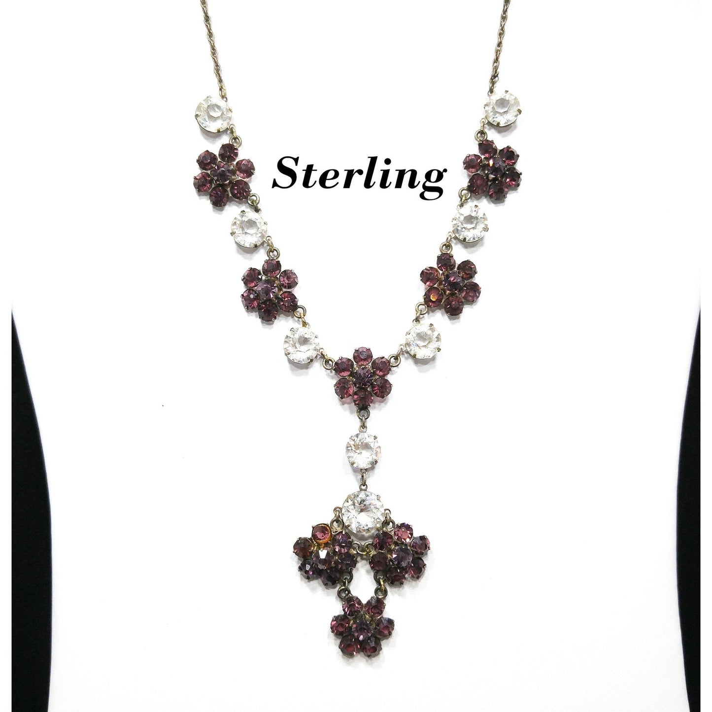 Vintage Sterling Art Deco Necklace, Open Back Czech Glass Stones, 1920s Vintage Jewelry