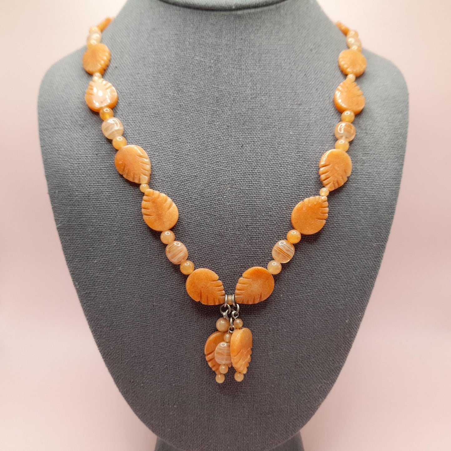 Vintage Carnelian Leaf Necklace, Gemstone Tassel Necklace, 27 Inches, Three Dangles