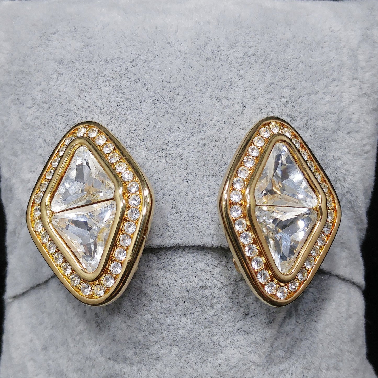 Vintage Swarovski Swan Logo Clear Crystal Clip Earrings Gold Plated 1990s