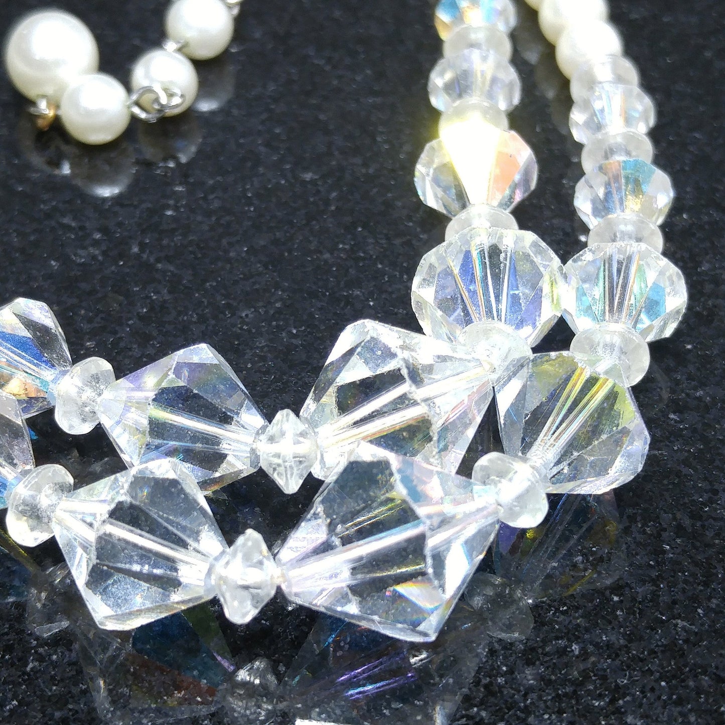 Wedding Bridal Faux Pearl AB Crystal Beaded Necklace, 2 Strands, 1950s Vintage