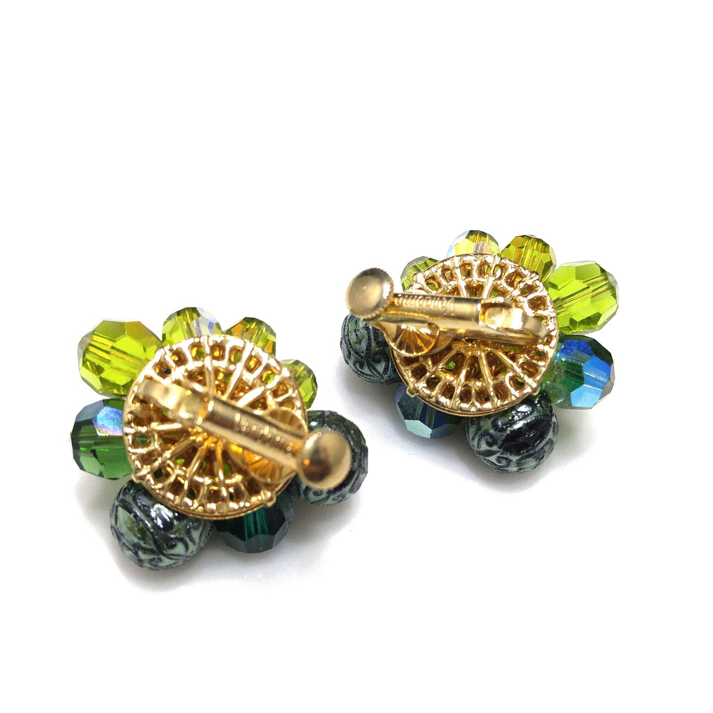 Vendome Green Beaded Earrings, Art Glass Aurora Borealis Beads, 1960s Vintage Jewelry