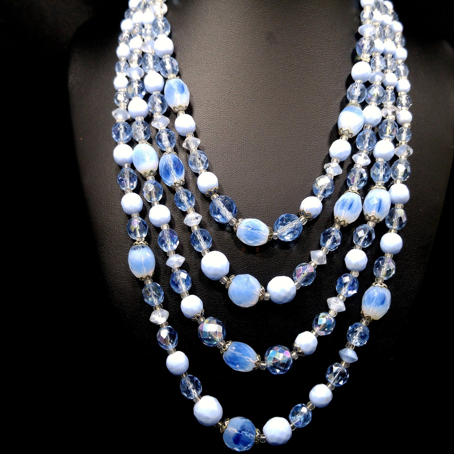 West Germany Blue Beaded Necklace & Bracelet, Art Glass Crystal Beads, 1950s Vintage Jewelry
