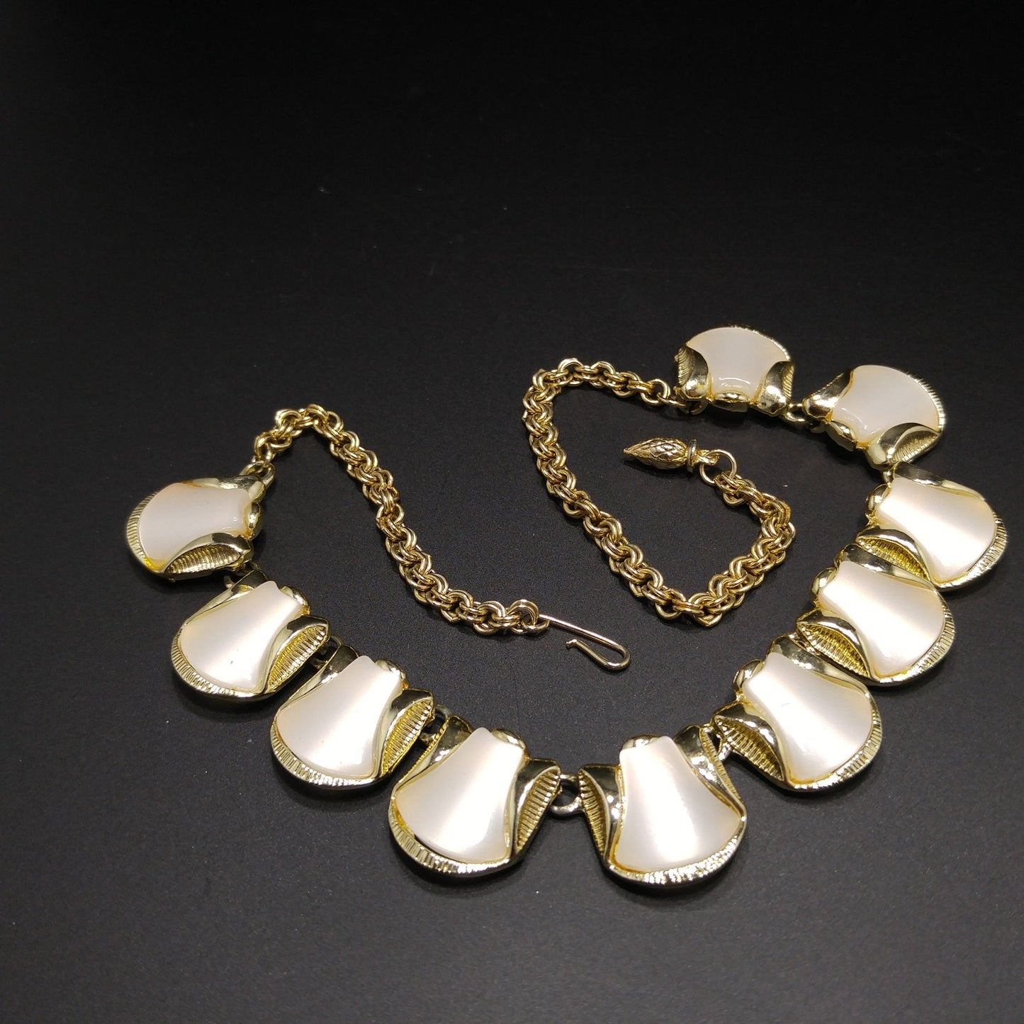Mid-Century White Moonglow Choker Necklace, Gold Tone, 1950s Vintage Jewelry