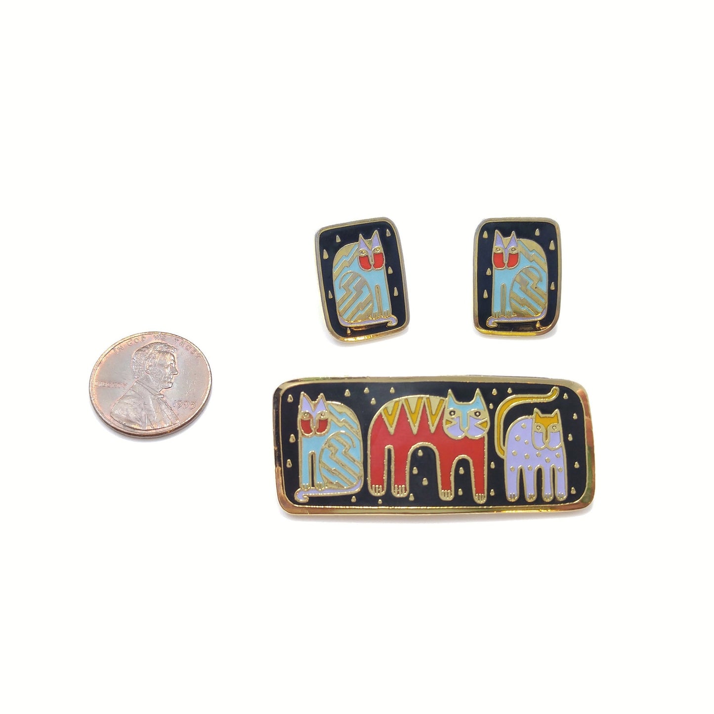 Vintage Laurel Burch "Fantastic Felines" Brooch & Earrings, 1980s