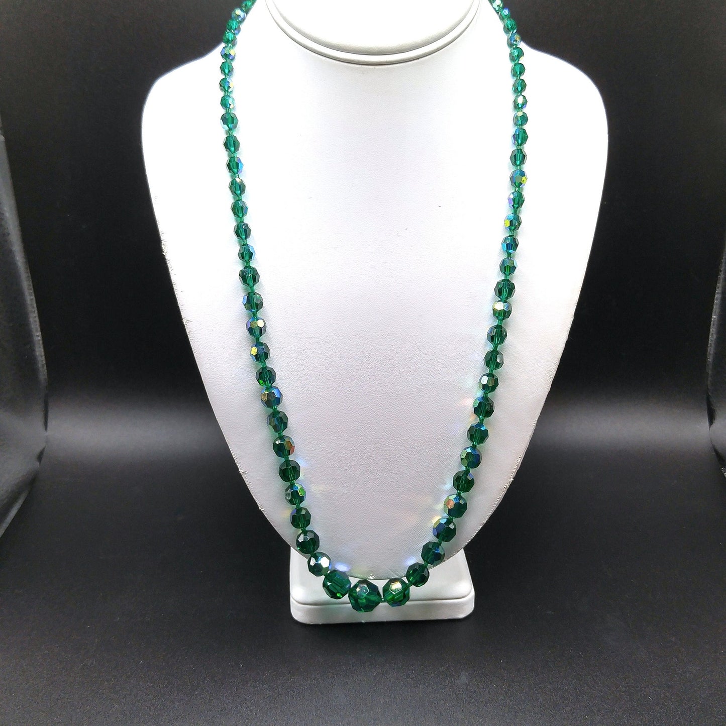 Dark Green Crystal Necklace, Aurora Borealis, Rhinestone Clasp, 1960s Vintage Jewelry