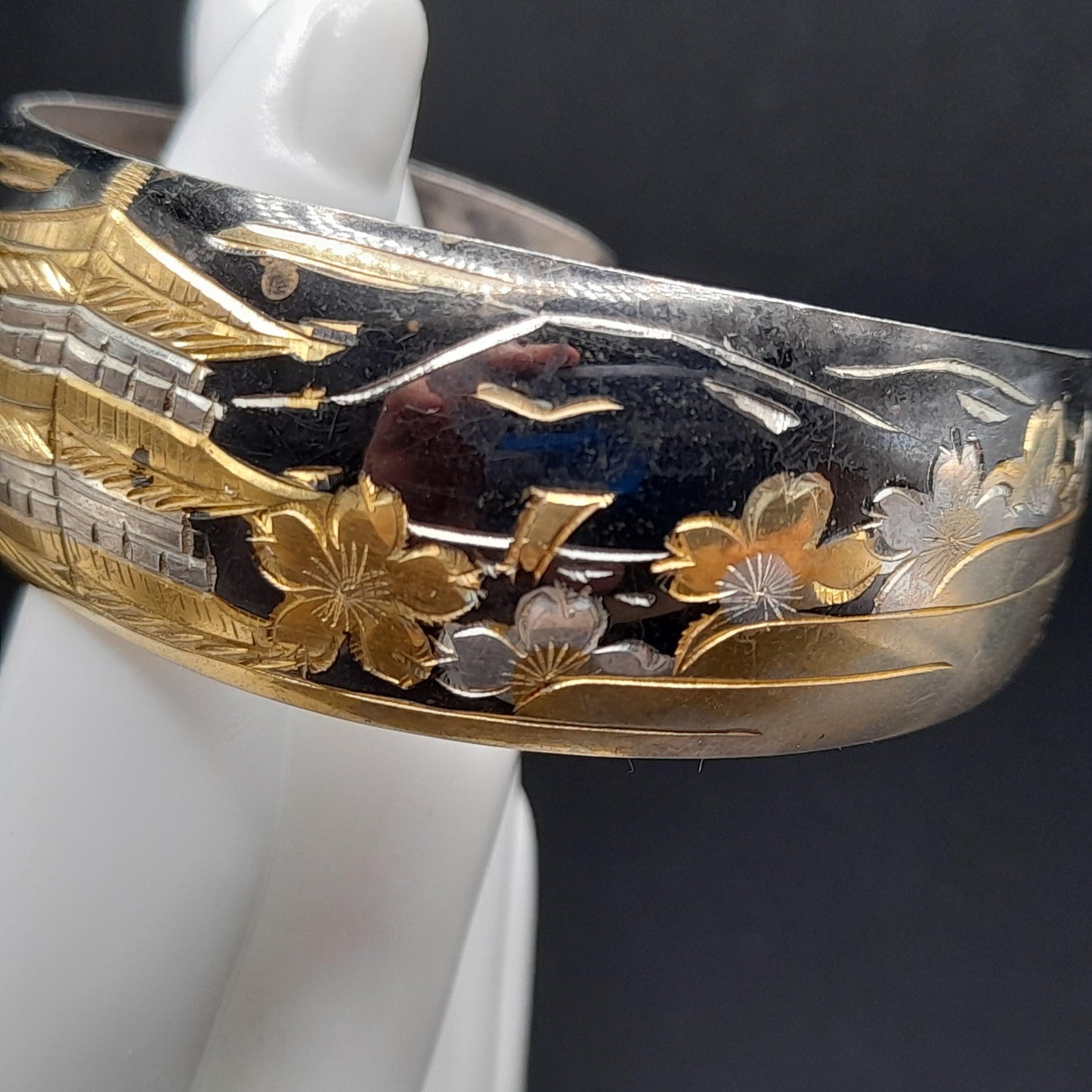Vintage Japanese Sterling Cuff Bracelet, Mt. Fuji Pagoda Japanese Scene Panorama, 1960s Jewelry