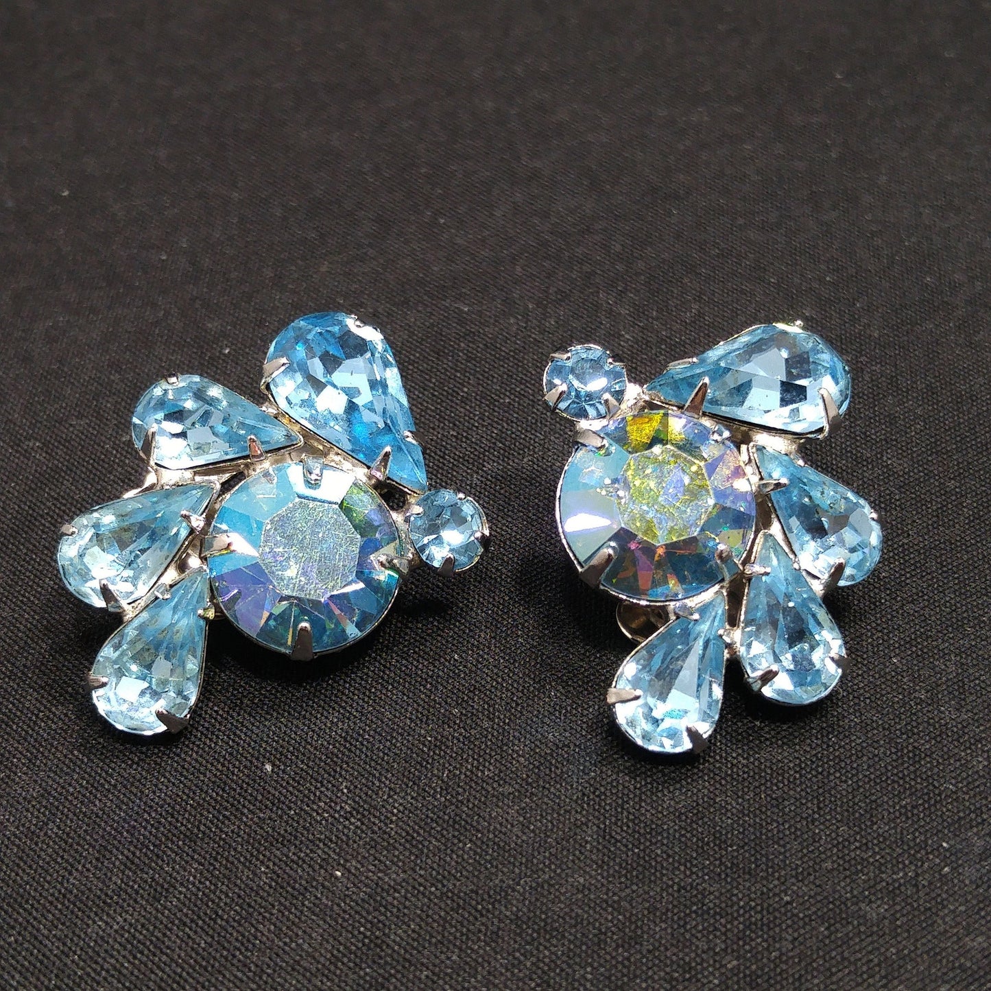 Weiss Light Blue Rhinestone Clip Earrings, Rhodium Plated, 1960s Vintage Jewelry