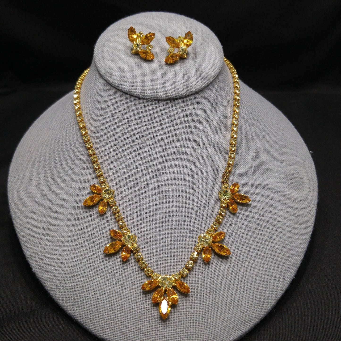 B. David Light Topaz Necklace & Earrings, Gold Plated, 1960s Vintage Jewelry