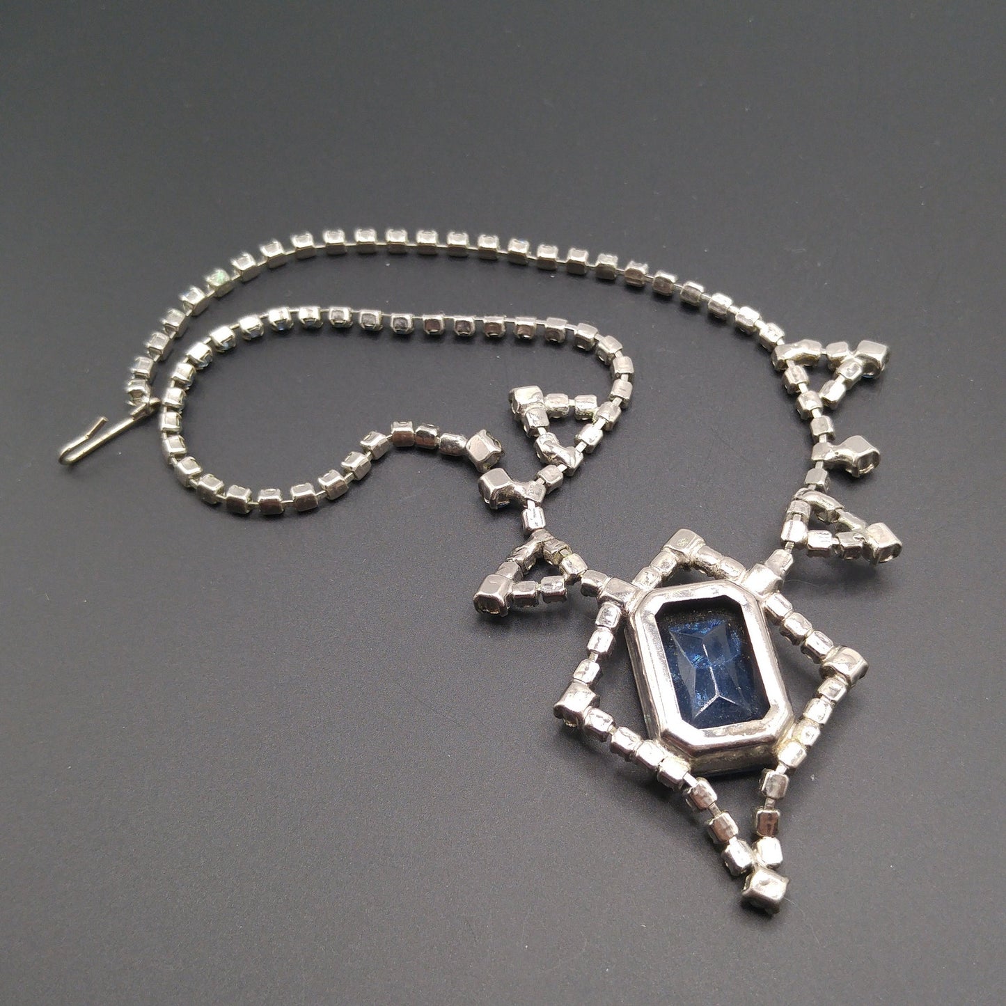 Mid-Century Blue Glass Pendant Necklace, Dark Light Blue Rhinestones, 1950s Vintage Jewelry
