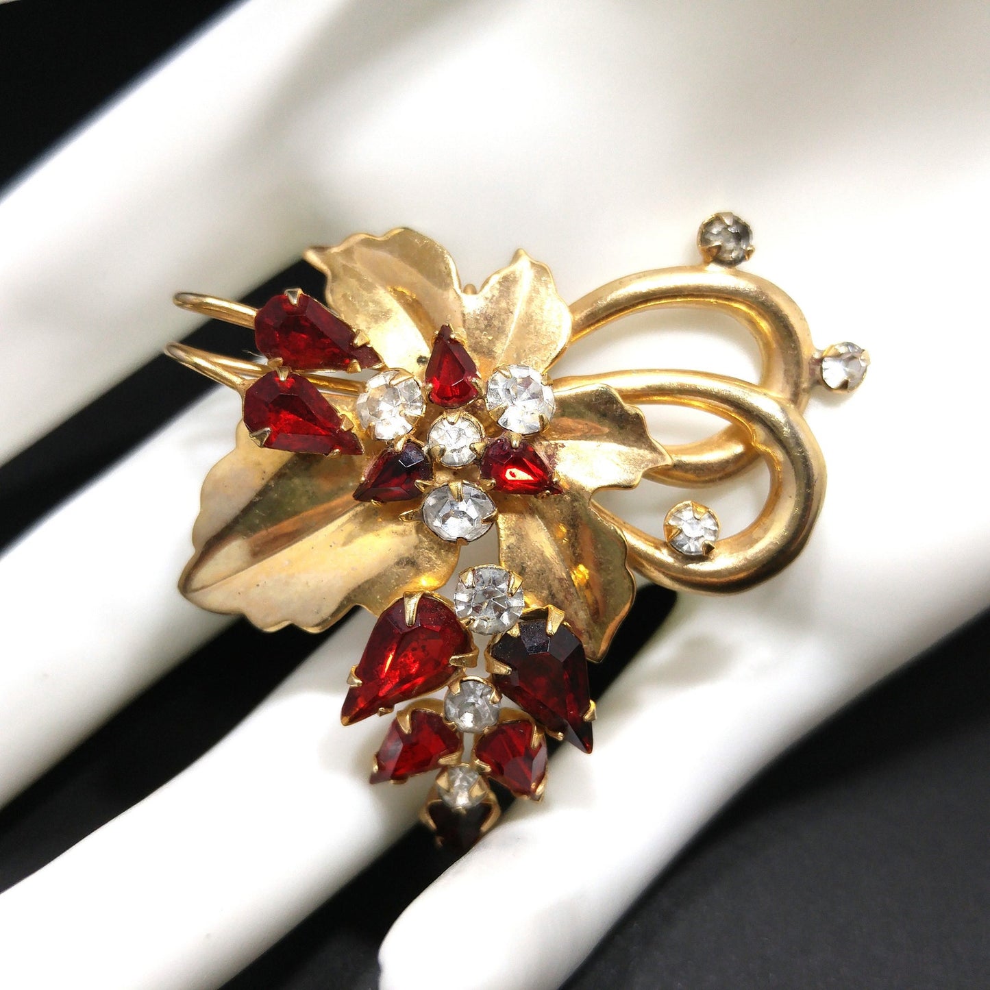 Vintage Scitarelli Red Rhinestone Floral Brooch Pendant 1950s Gold Plated Signed