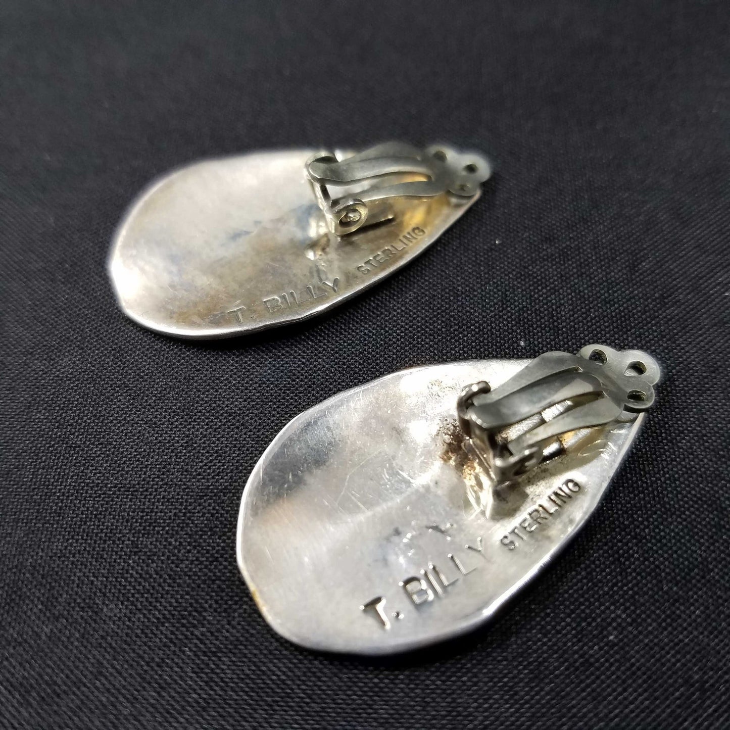 Vintage Navajo T. Billy Sterling Silver Clip Earrings, Black Enamel