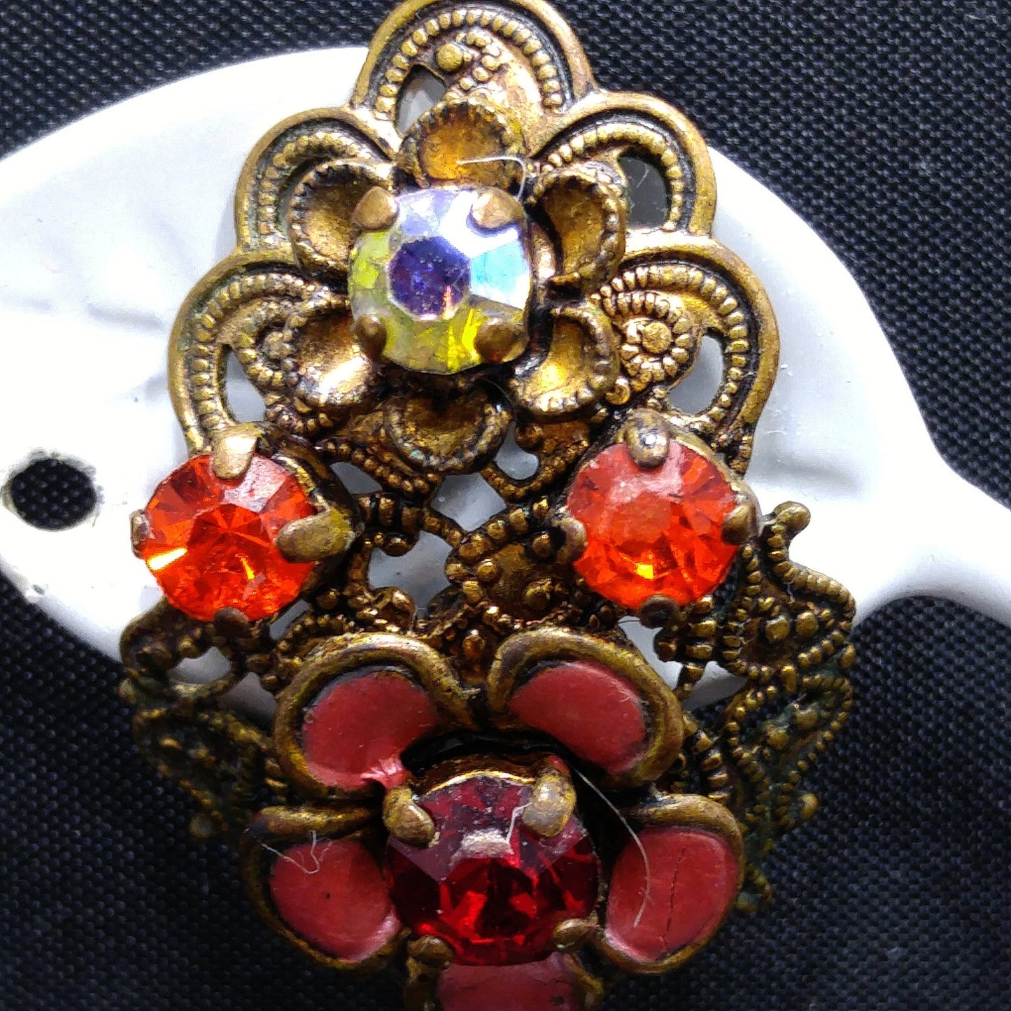 Germany Red Orange Filigree Clip Earrings, Enamel Flowers, 1940s Vintage Jewelry