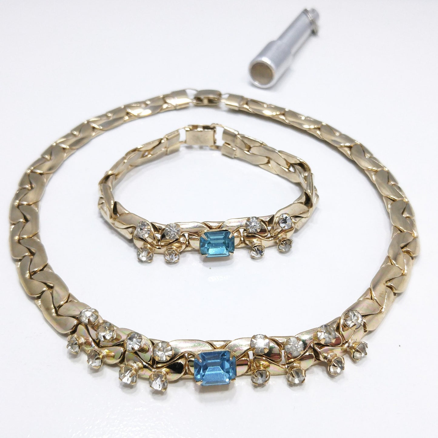 Vintage Gold Tone Chain Rhinestone Necklace & Bracelet Set, Sky Blue