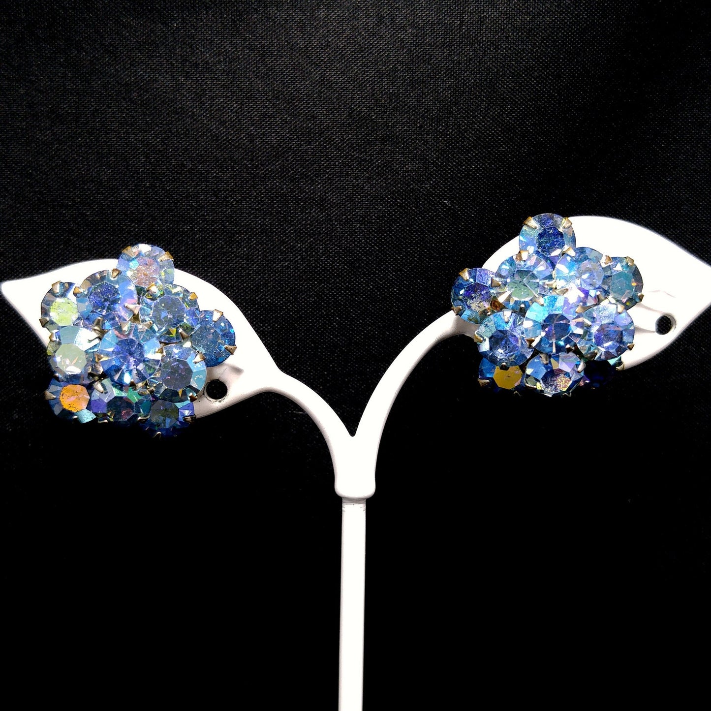 Weiss Blue Aurora Borealis Earrings, Screw Back Gold Plated, 1950s Vintage