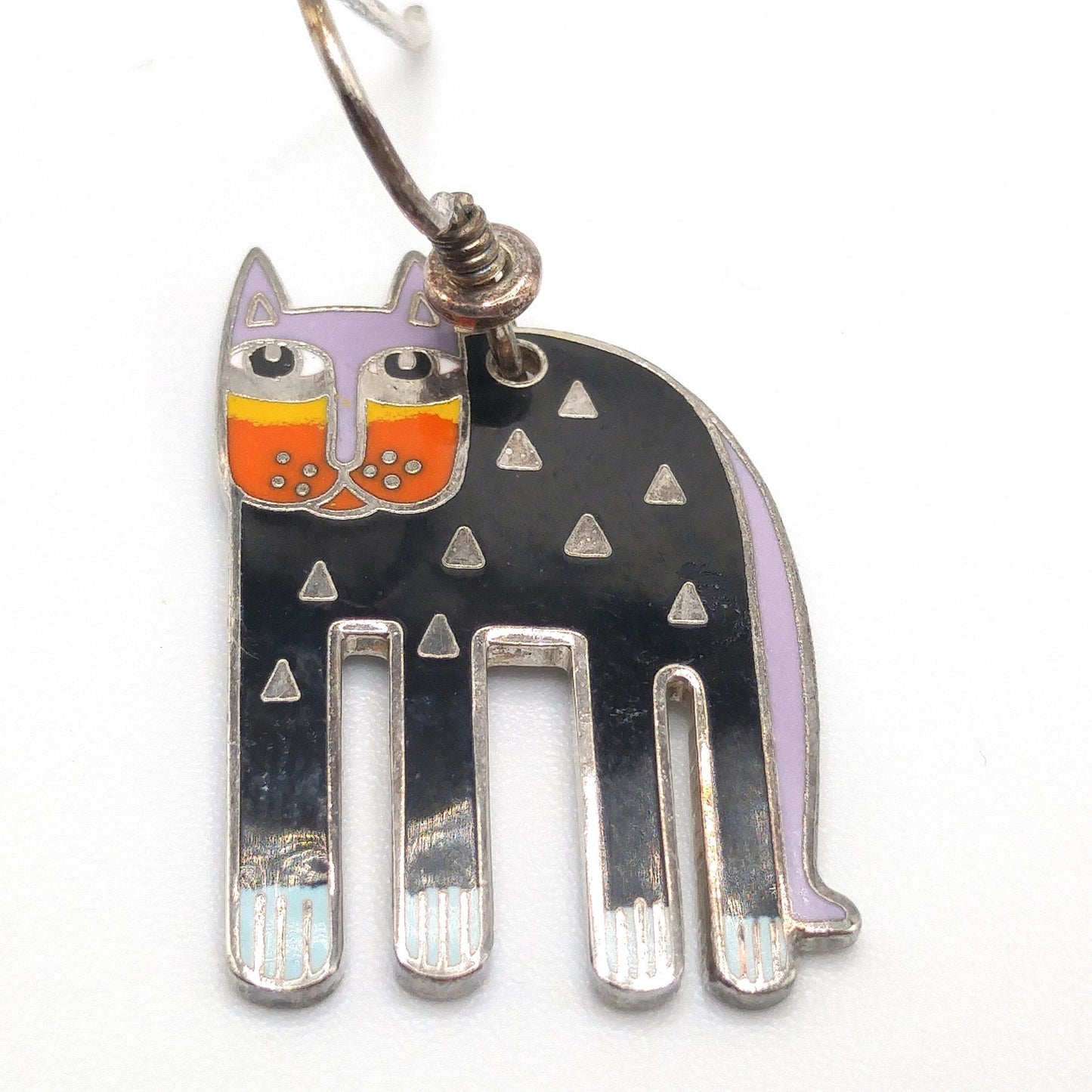 Laurel Burch "Alexander's Animal" Cat Earrings, Rhodium Plated Enamel, 1980s Vintage Jewelry