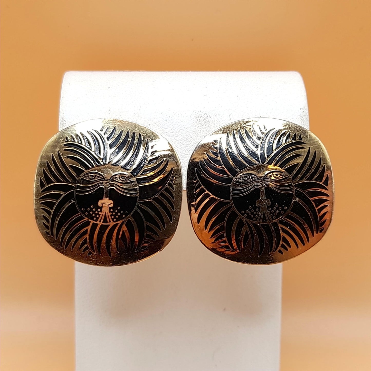 Laurel Burch "Eskimo Lion" Earrings, Black Enamel, Gold Plated, 1980s Vintage