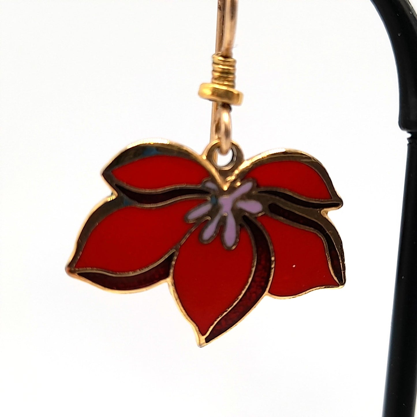 Vintage Laurel Burch "Pear Blossom" Earrings, Gold Plated, Red Enamel