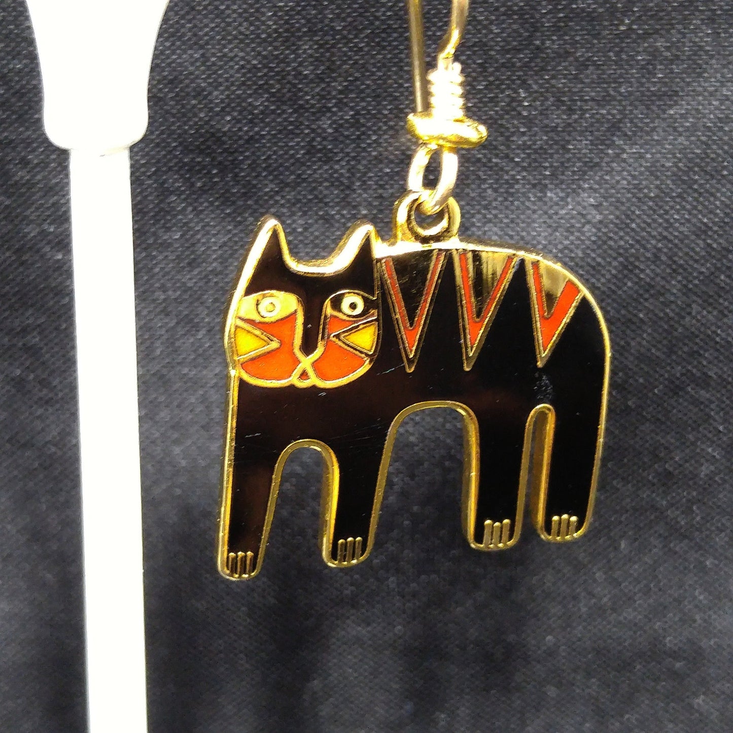 Vintage Laurel Burch "Tiger" Drop Earrings, Gold Plated, Black Red Enamel, 2005