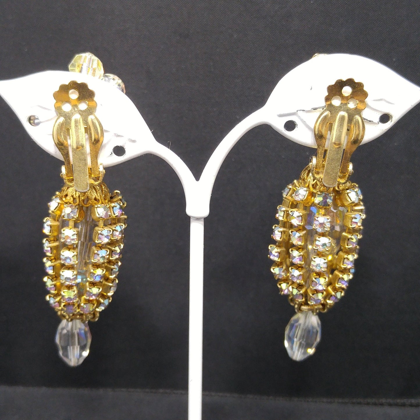 Crystal Rhinestone Dangle Clip Earrings, Aurora Borealis, 1960s Vintage Jewelry