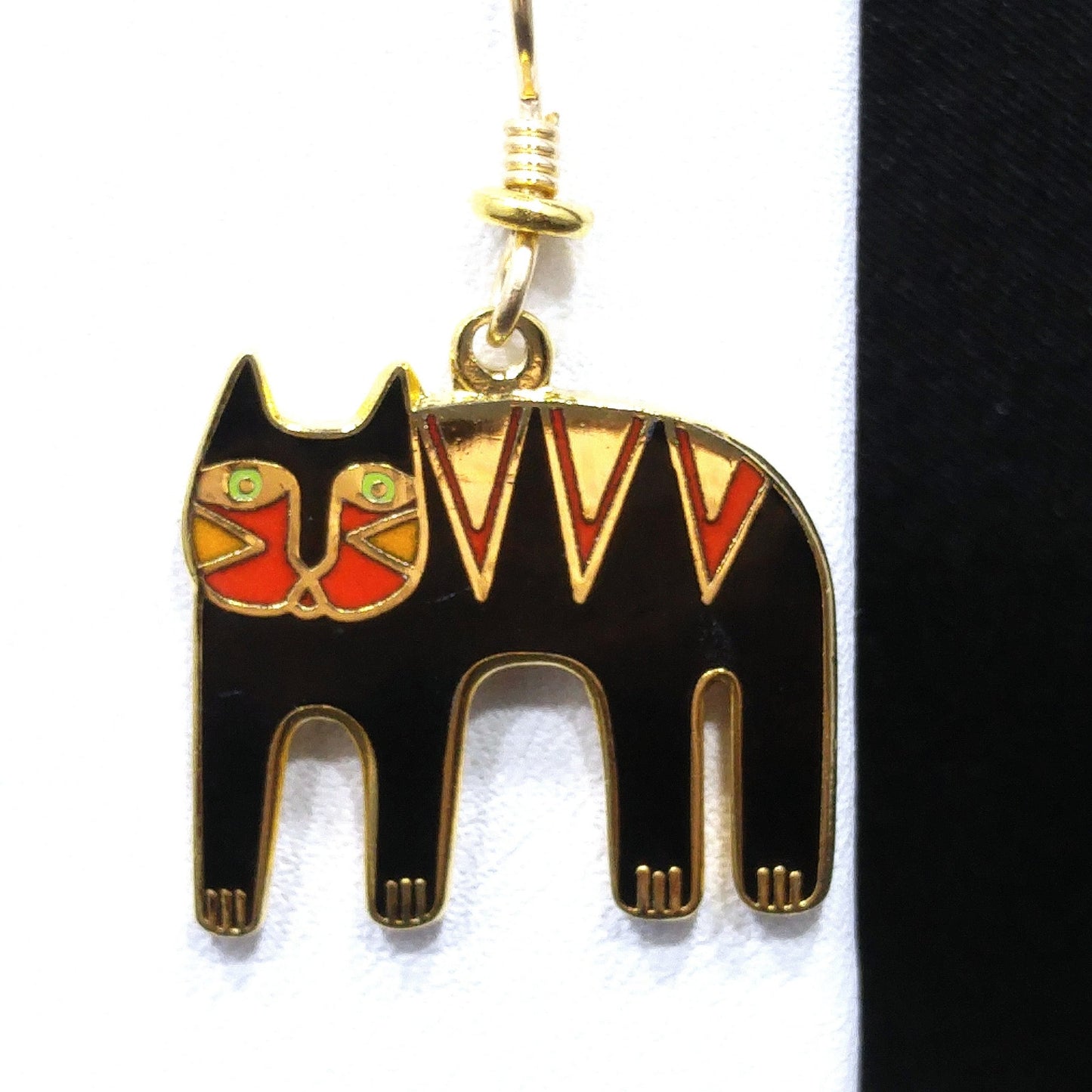 Vintage Laurel Burch "Tiger" Drop Earrings, Gold Plated, Black Red Enamel, 2005