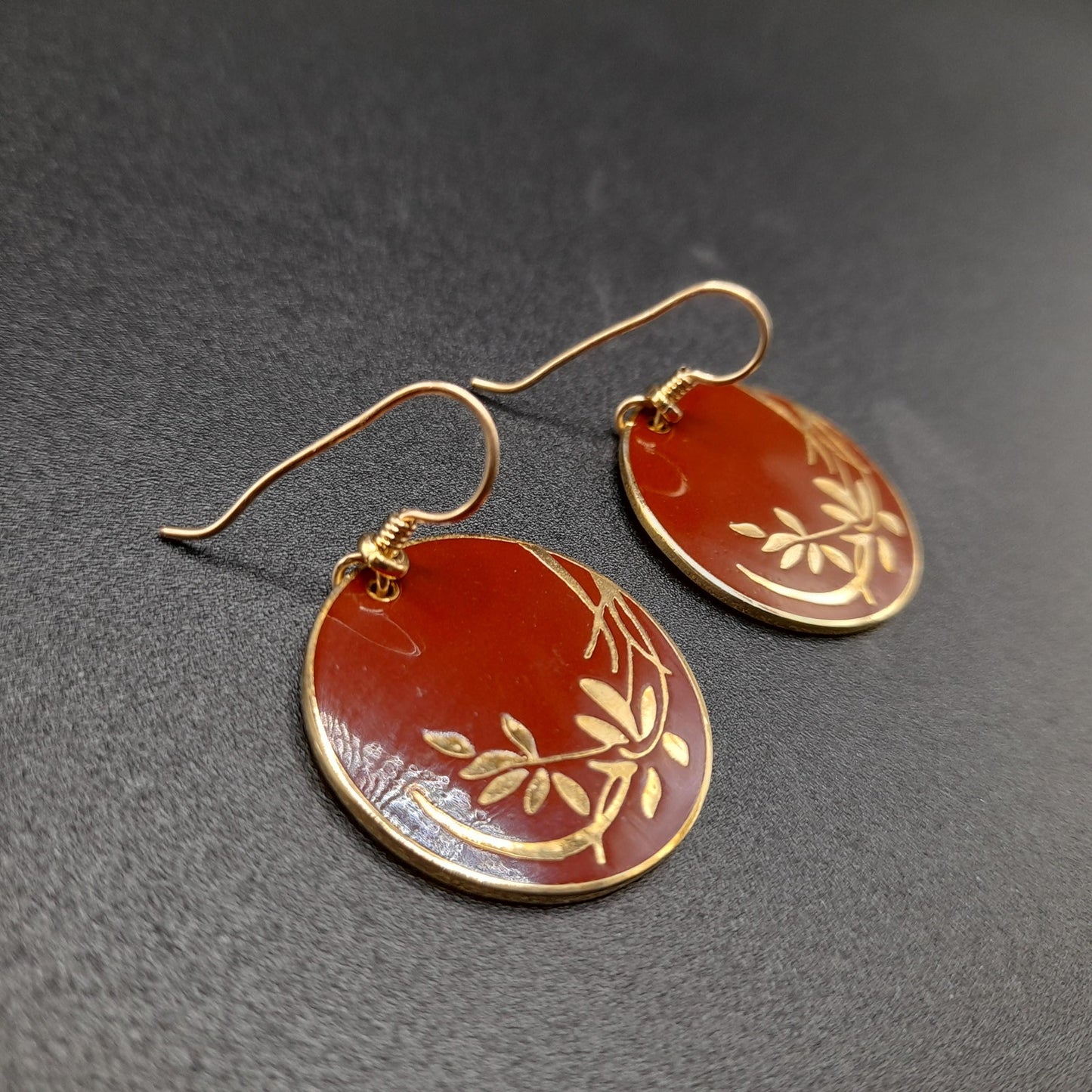 Vintage Laurel Burch Floral Drop Earrings, Red Brown Enamel, Gold Plated