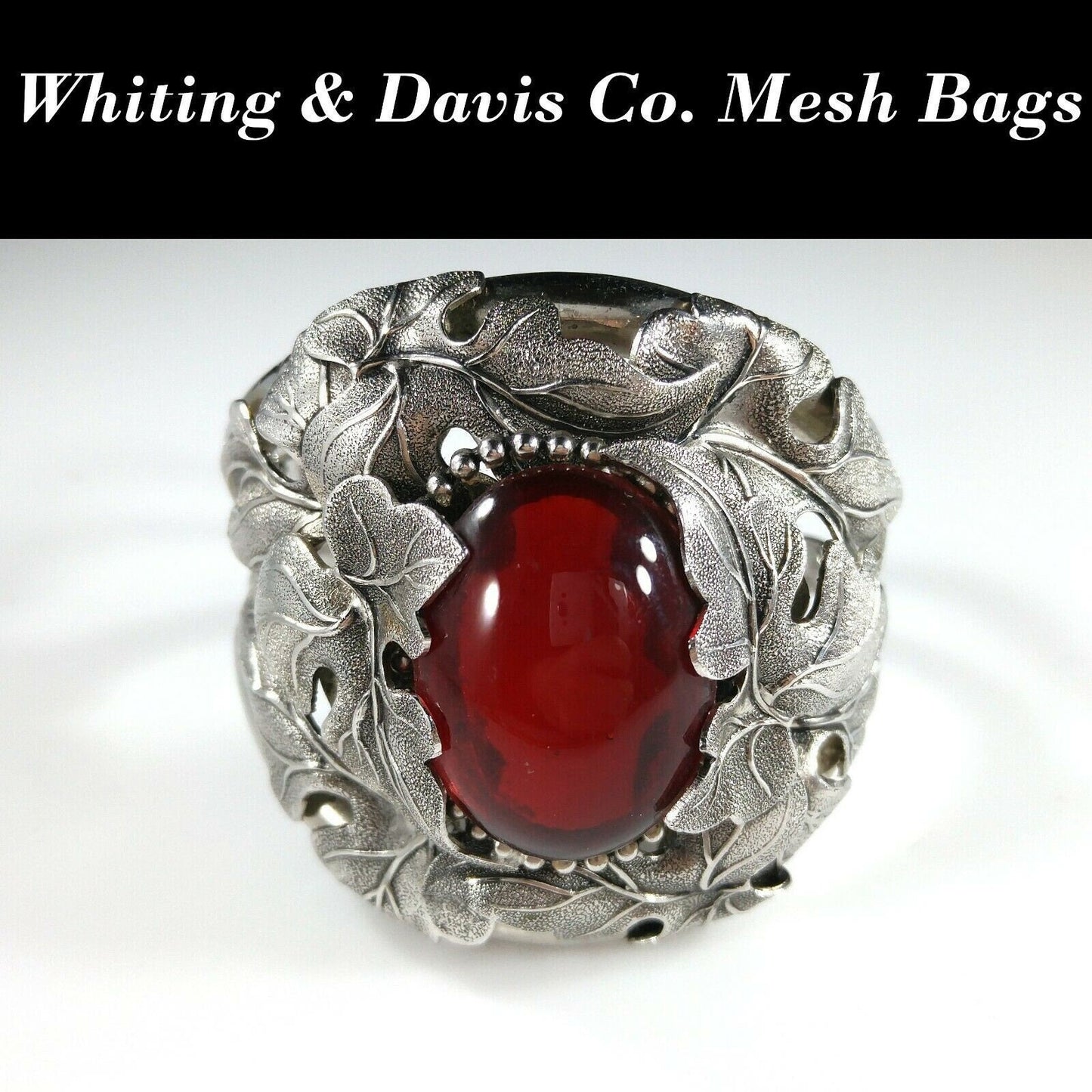 Vintage Whiting & Davis Hinged Cuff Bracelet, Red Glass Cabochon, Rhodium Plated, 1960s Vintage Jewelry