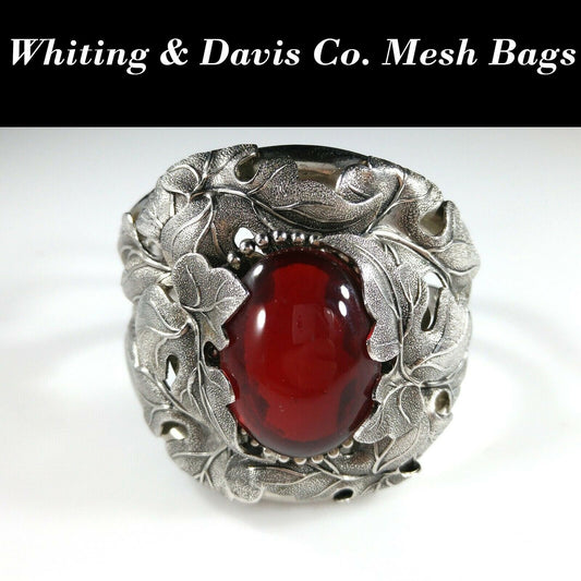 Vintage Whiting & Davis Hinged Cuff Bracelet, Red Glass Cabochon, Rhodium Plated, 1960s Vintage Jewelry