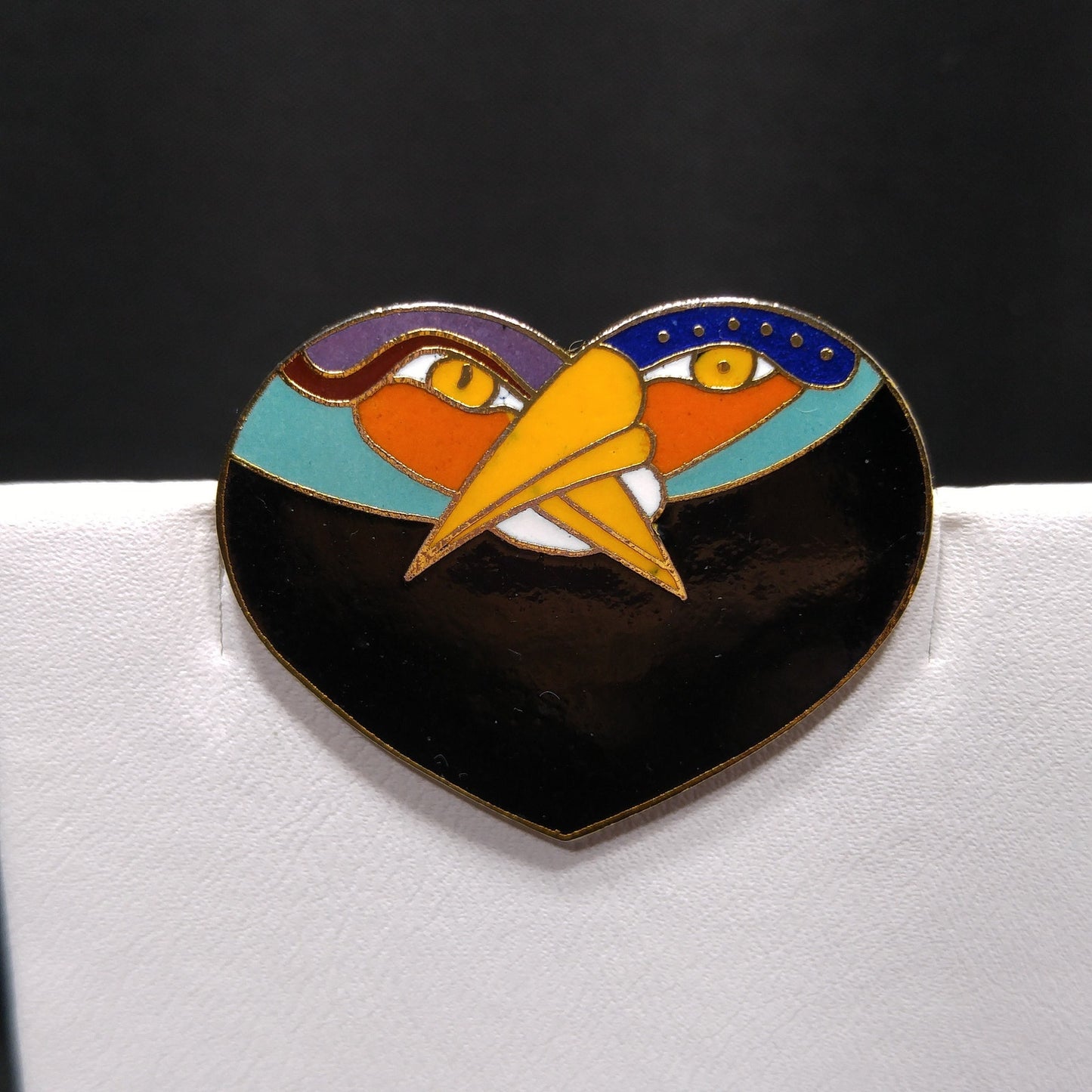 Laurel Burch Two Bird Heart Brooch, Gold Plated Cloisonne, 1980s Vintage Jewelry