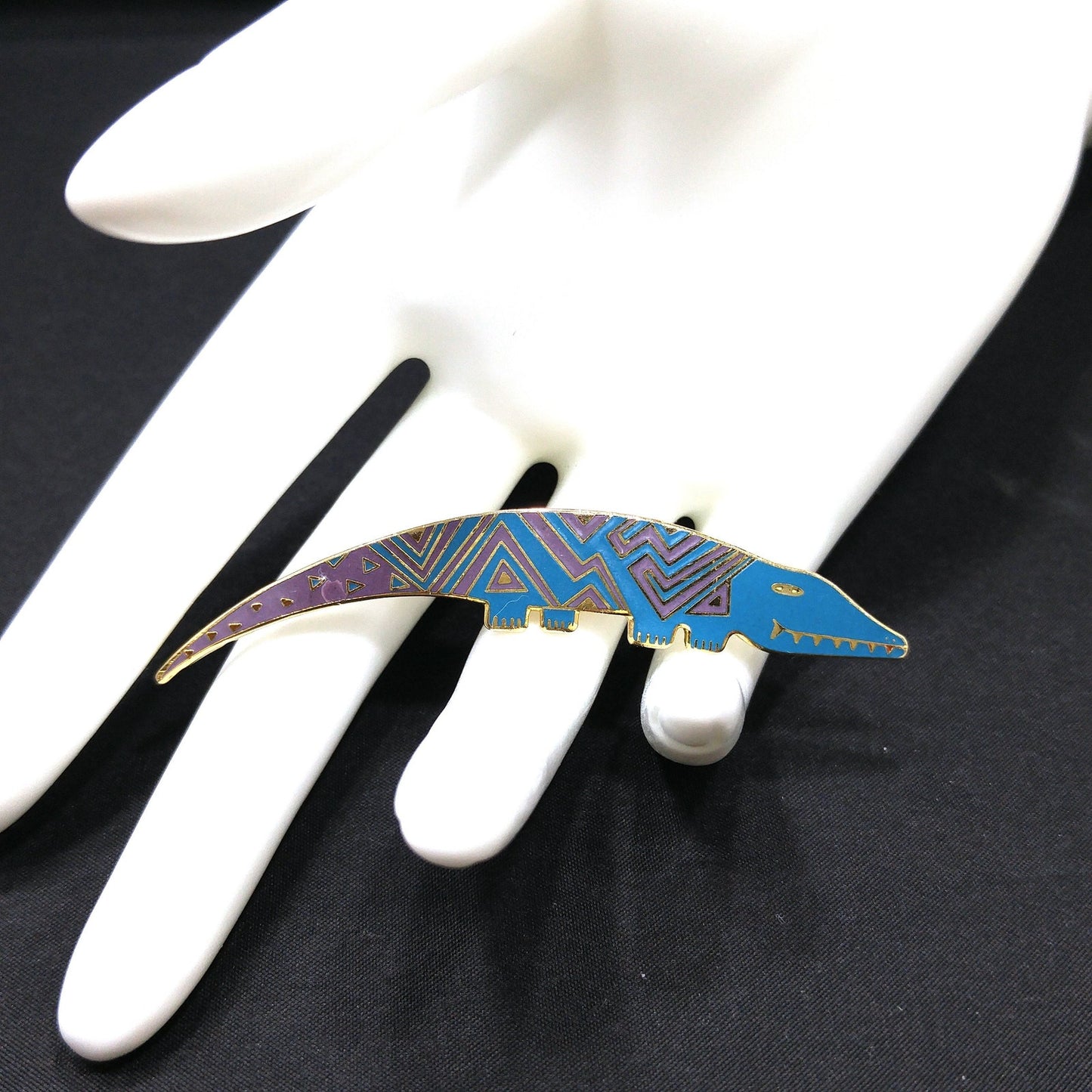 Laurel Burch "Aleucian Alligator" Brooch, Gold Plated Cloisonné Enamel, 1980s Vintage Jewelry