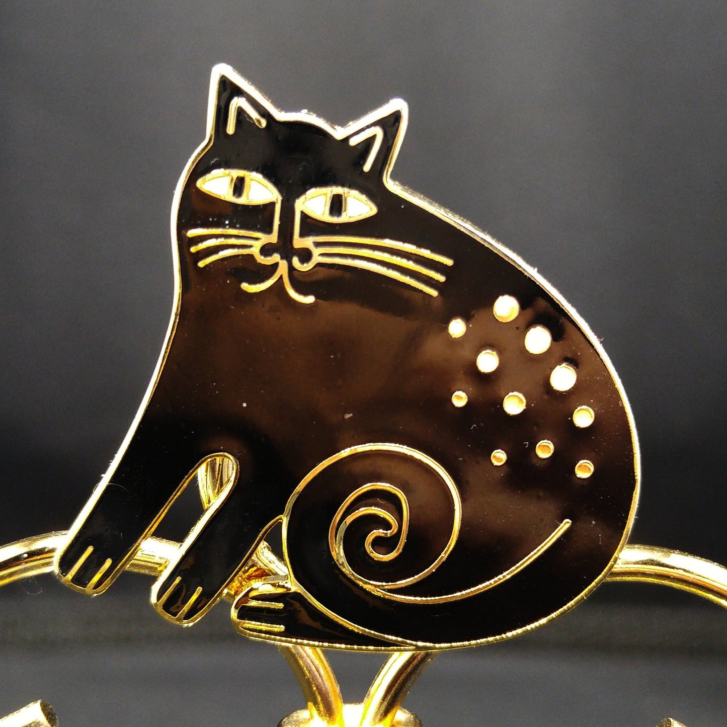Vintage Laurel Burch Black "Keshire Cat" Brooch, Gold Plate, Black Enamel, 1980s